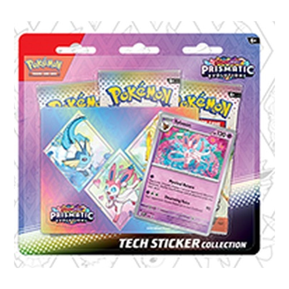 Prismatic Evolutions Tech Sticker Collection met Sylveon, blister met drie boosterpacks, stickervel en promokaart